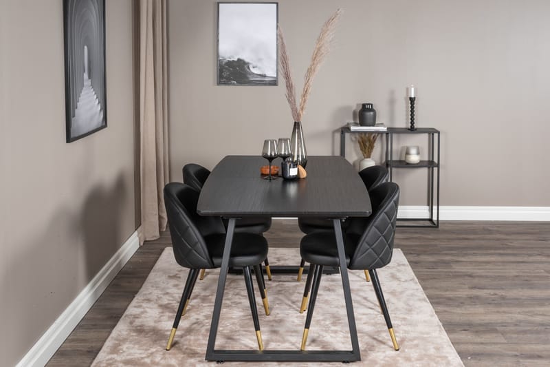 Ruokailuryhmä Venture Home Inca-jatkettava ruokailuryhmä 160 cm suorakaiteen muotoinen, sisältää 4 Velvet-tuolia Musta - Huonekalut - Pöytä & ruokailuryhmä - Ruokailuryhmä