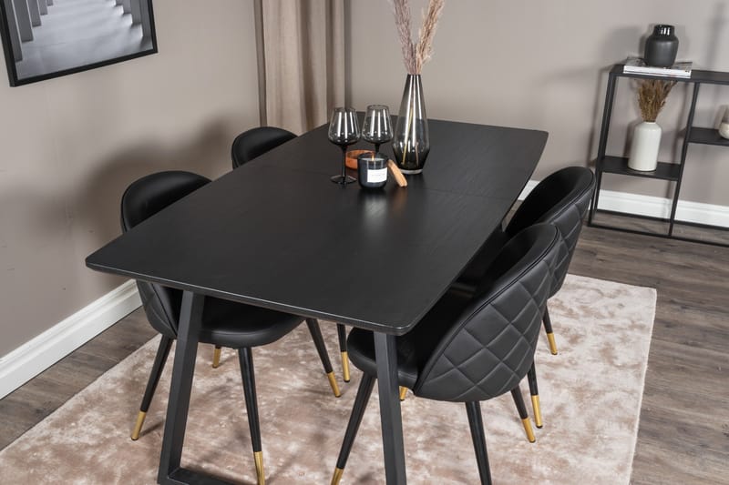 Ruokailuryhmä Venture Home Inca-jatkettava ruokailuryhmä 160 cm suorakaiteen muotoinen, sisältää 4 Velvet-tuolia Musta - Huonekalut - Pöytä & ruokailuryhmä - Ruokailuryhmä