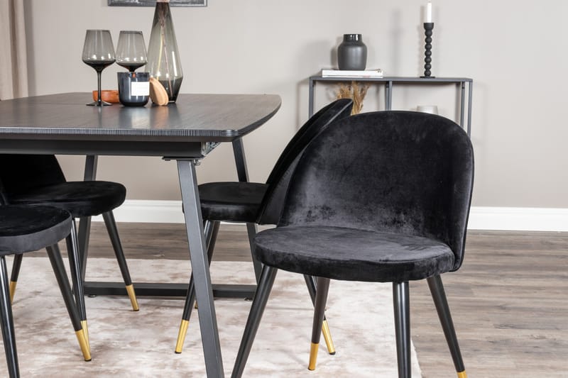 Ruokailuryhmä Venture Home Inca-jatkettava ruokailuryhmä 160 cm suorakaiteen muotoinen, sisältää 4 Velvet-tuolia Musta2 - Huonekalut - Pöytä & ruokailuryhmä - Ruokailuryhmä
