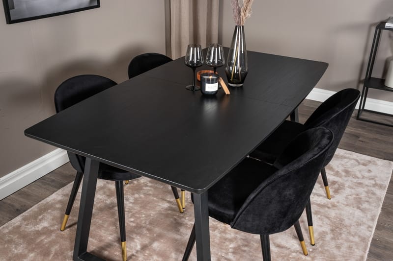 Ruokailuryhmä Venture Home Inca-jatkettava ruokailuryhmä 160 cm suorakaiteen muotoinen, sisältää 4 Velvet-tuolia Musta2 - Huonekalut - Pöytä & ruokailuryhmä - Ruokailuryhmä