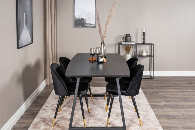 Ruokailuryhmä Venture Home Inca-jatkettava ruokailuryhmä 160 cm suorakaiteen muotoinen, sisältää 4 Velvet-tuolia Musta2 - Huonekalut - Pöytä & ruokailuryhmä - Ruokailuryhmä
