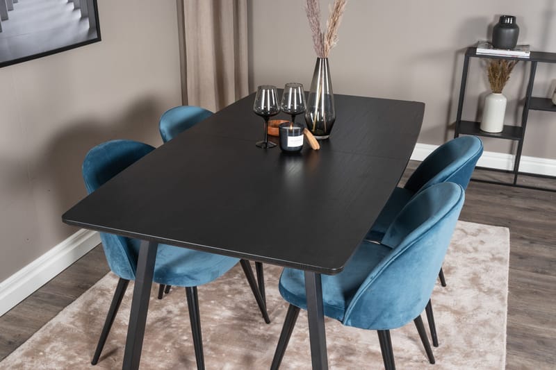 Ruokailuryhmä Venture Home Inca-jatkettava ruokailuryhmä 160 cm suorakaiteen muotoinen, sisältää 4 Velvet-tuolia Musta/Sininen - Huonekalut - Pöytä & ruokailuryhmä - Ruokailuryhmä