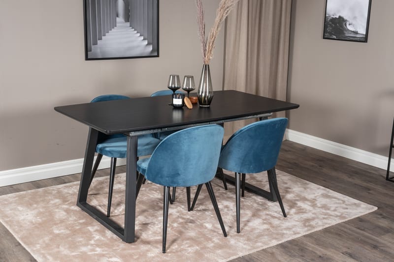 Ruokailuryhmä Venture Home Inca-jatkettava ruokailuryhmä 160 cm suorakaiteen muotoinen, sisältää 4 Velvet-tuolia Musta/Sininen - Huonekalut - Pöytä & ruokailuryhmä - Ruokailuryhmä
