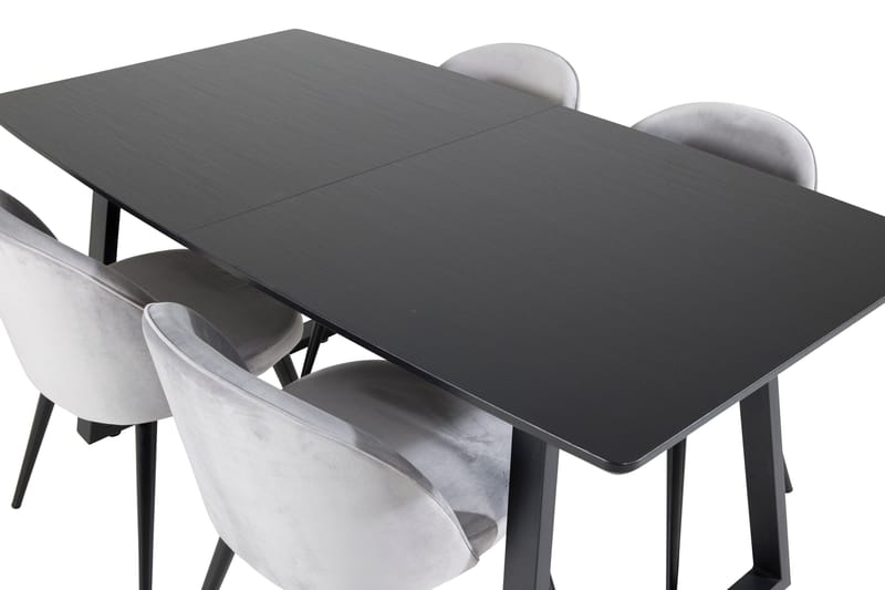 Ruokailuryhmä Venture Home Inca-jatkettava ruokailuryhmä 160 cm suorakaiteen muotoinen, sisältää 4 Velvet-tuolia Musta/Vaaleanharmaa - Huonekalut - Pöytä & ruokailuryhmä - Ruokailuryhmä