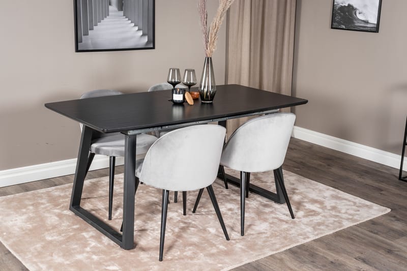 Ruokailuryhmä Venture Home Inca-jatkettava ruokailuryhmä 160 cm suorakaiteen muotoinen, sisältää 4 Velvet-tuolia Musta/Vaaleanharmaa - Huonekalut - Pöytä & ruokailuryhmä - Ruokailuryhmä