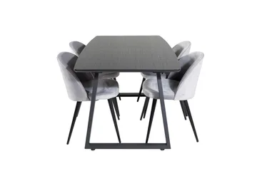 Ruokailuryhmä Venture Home Inca-jatkettava ruokailuryhmä 160 cm suorakaiteen muotoinen, sisältää 4 Velvet-tuolia Musta/Vaaleanharmaa