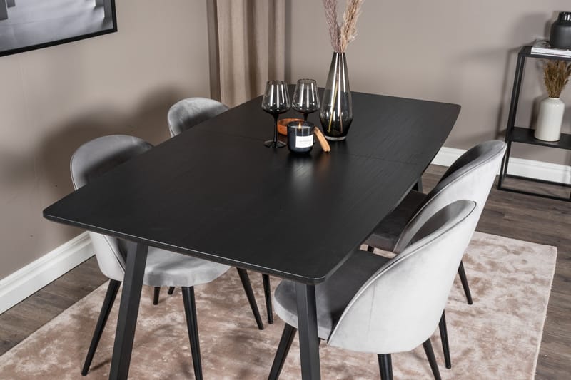 Ruokailuryhmä Venture Home Inca-jatkettava ruokailuryhmä 160 cm suorakaiteen muotoinen, sisältää 4 Velvet-tuolia Musta/Vaaleanharmaa - Huonekalut - Pöytä & ruokailuryhmä - Ruokailuryhmä