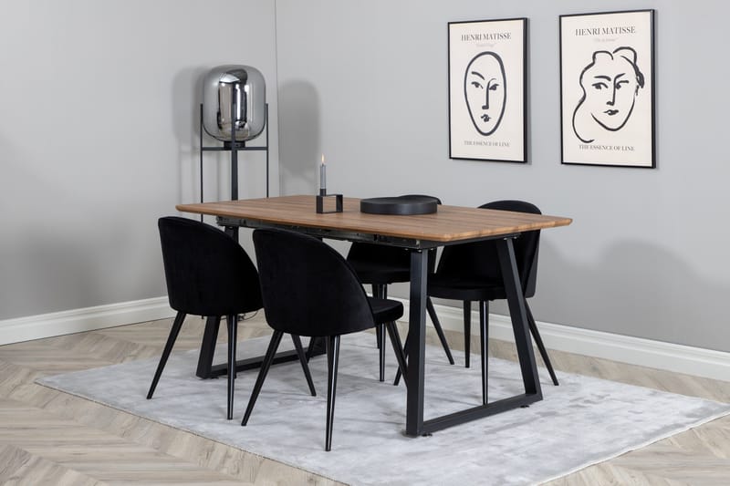 Ruokailuryhmä Venture Home Inca-ruokailuryhmä 160 cm, suorakaiteen muotoinen, 4 Velvet-tuolia Musta/Luonnonväri - Huonekalut - Pöytä & ruokailuryhmä - Ruokailuryhmä