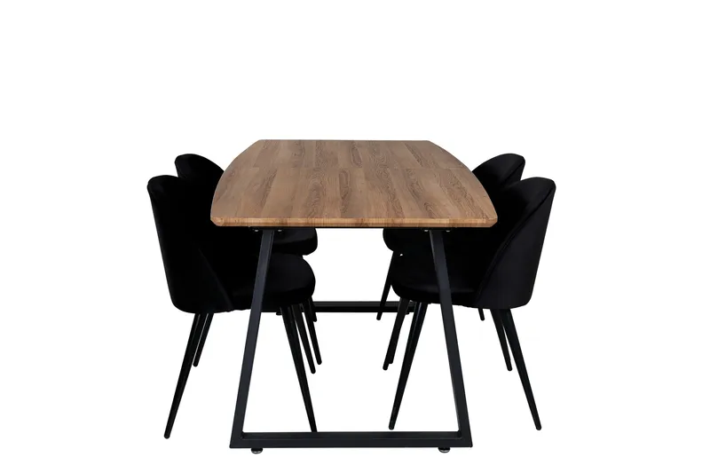 Ruokailuryhmä Venture Home Inca-ruokailuryhmä 160 cm, suorakaiteen muotoinen, 4 Velvet-tuolia Musta/Luonnonväri, undefined