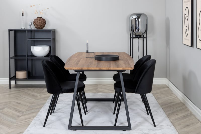 Ruokailuryhmä Venture Home Inca-ruokailuryhmä 160 cm, suorakaiteen muotoinen, 4 Velvet-tuolia Musta/Luonnonväri - Huonekalut - Pöytä & ruokailuryhmä - Ruokailuryhmä