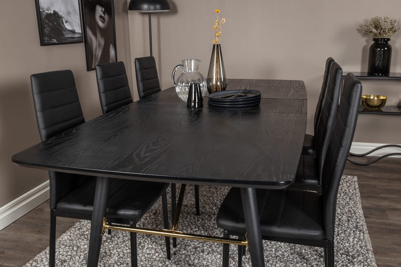 Ruokailuryhmä Venture Home Irunea-jatkettava ruokailuryhmä 180–220 cm suorakaiteen muotoinen, sisältää 6 Zovese-tuolia Musta/KULTA - Huonekalut - Pöytä & ruokailuryhmä - Ruokailuryhmä