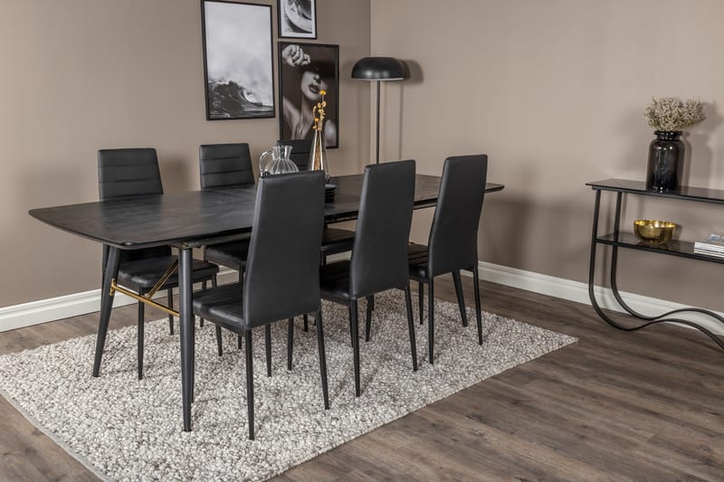 Ruokailuryhmä Venture Home Irunea-jatkettava ruokailuryhmä 180–220 cm suorakaiteen muotoinen, sisältää 6 Zovese-tuolia Musta/KULTA - Huonekalut - Pöytä & ruokailuryhmä - Ruokailuryhmä