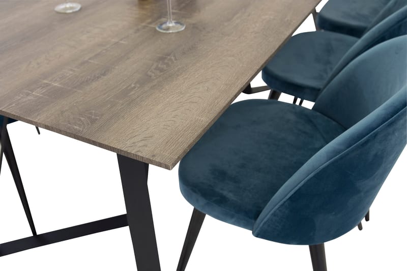 Ruokailuryhmä Venture Home Marina-ruokailuryhmä 180 cm, suorakaiteen muotoinen, 6 Velvet-tuolia Musta/Sininen/Harmaa - Huonekalut - Pöytä & ruokailuryhmä - Ruokailuryhmä