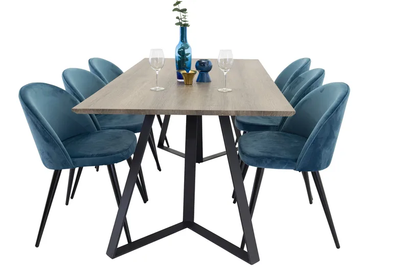 Ruokailuryhmä Venture Home Marina-ruokailuryhmä 180 cm, suorakaiteen muotoinen, 6 Velvet-tuolia Musta/Sininen/Harmaa, undefined