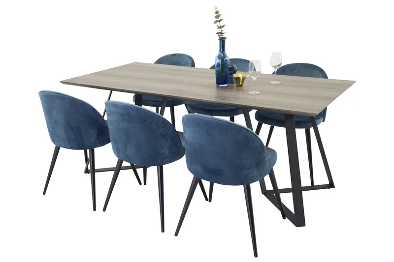 Ruokailuryhmä Venture Home Marina-ruokailuryhmä 180 cm, suorakaiteen muotoinen, 6 Velvet-tuolia Musta/Sininen/Harmaa - Huonekalut - Pöytä & ruokailuryhmä - Ruokailuryhmä