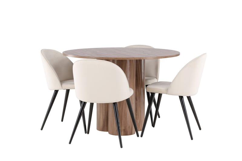 Ruokailuryhmä Venture Home Olivia-ruokailuryhmä 110 cm, pyöreä, 4 Velvet-tuolia Mokka/Beige/Musta - Huonekalut - Pöytä & ruokailuryhmä - Ruokailuryhmä