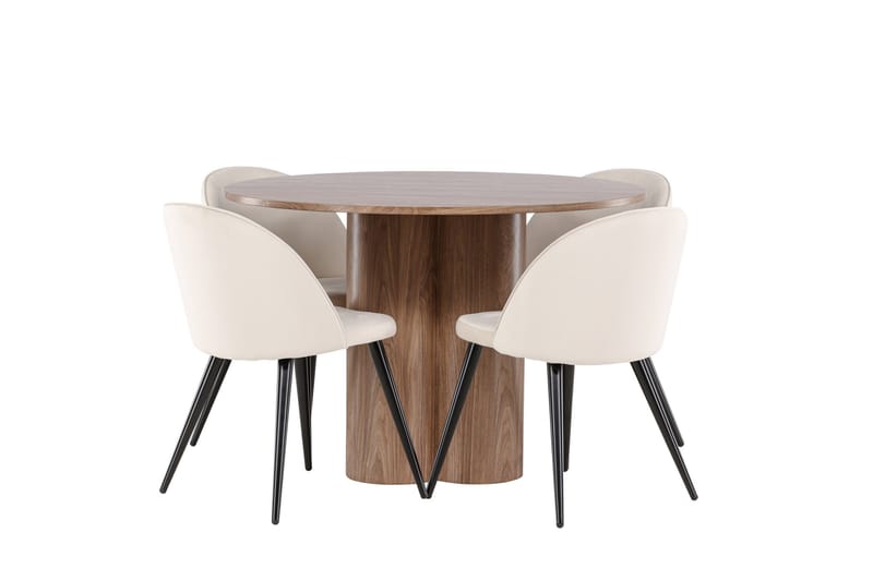 Ruokailuryhmä Venture Home Olivia-ruokailuryhmä 110 cm, pyöreä, 4 Velvet-tuolia Mokka/Beige/Musta - Huonekalut - Pöytä & ruokailuryhmä - Ruokailuryhmä