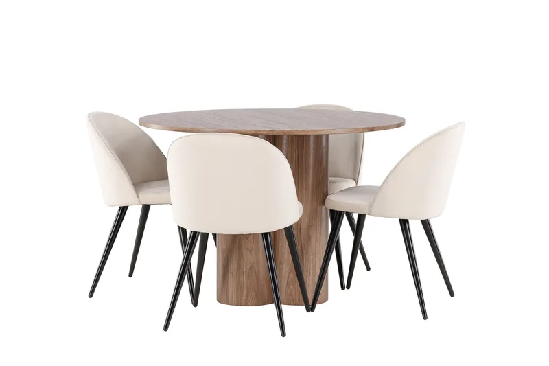 Ruokailuryhmä Venture Home Olivia-ruokailuryhmä 110 cm, pyöreä, 4 Velvet-tuolia Mokka/Beige/Musta, undefined