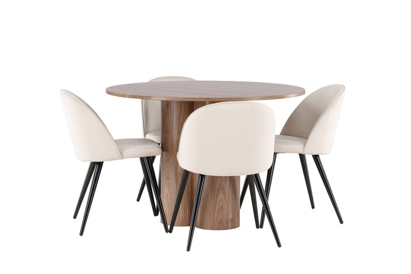 Ruokailuryhmä Venture Home Olivia-ruokailuryhmä 110 cm, pyöreä, 4 Velvet-tuolia Mokka/Beige/Musta - Huonekalut - Pöytä & ruokailuryhmä - Ruokailuryhmä