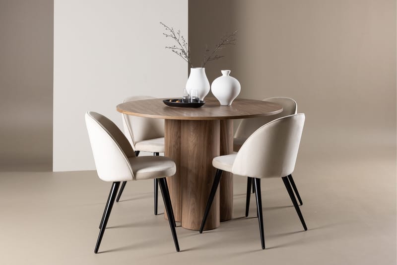 Ruokailuryhmä Venture Home Olivia-ruokailuryhmä 110 cm, pyöreä, 4 Velvet-tuolia Mokka/Beige/Musta - Huonekalut - Pöytä & ruokailuryhmä - Ruokailuryhmä