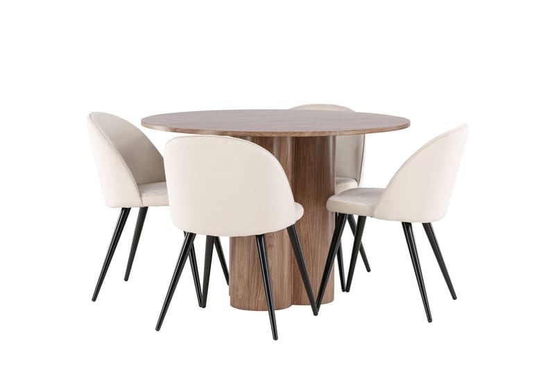 Ruokailuryhmä Venture Home Olivia-ruokailuryhmä 110 cm, pyöreä, 4 Velvet-tuolia Mokka/Beige/Musta - Huonekalut - Pöytä & ruokailuryhmä - Ruokailuryhmä