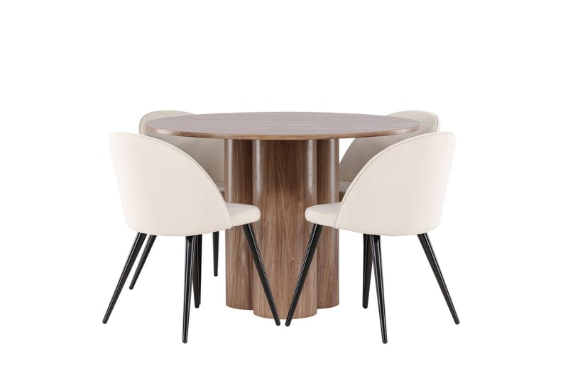 Ruokailuryhmä Venture Home Olivia-ruokailuryhmä 110 cm, pyöreä, 4 Velvet-tuolia Mokka/Beige/Musta - Huonekalut - Pöytä & ruokailuryhmä - Ruokailuryhmä