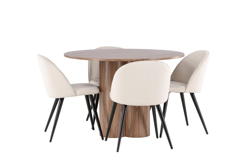 Ruokailuryhmä Venture Home Olivia-ruokailuryhmä 110 cm, pyöreä, 4 Velvet-tuolia Mokka/Beige/Musta - Huonekalut - Pöytä & ruokailuryhmä - Ruokailuryhmä