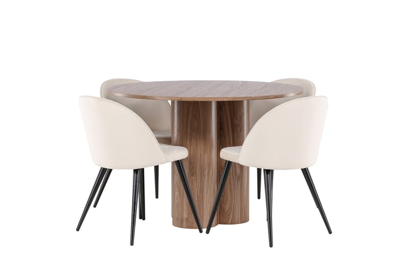 Ruokailuryhmä Venture Home Olivia-ruokailuryhmä 110 cm, pyöreä, 4 Velvet-tuolia Mokka/Beige/Musta - Huonekalut - Pöytä & ruokailuryhmä - Ruokailuryhmä