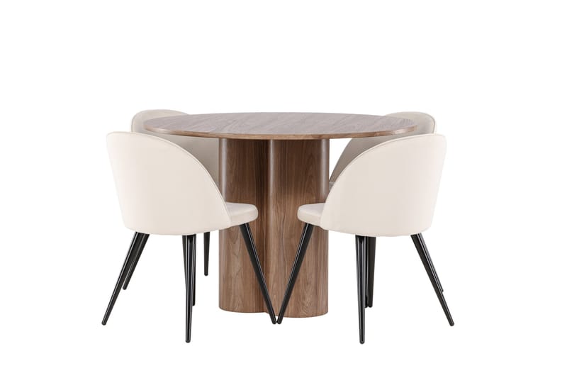 Ruokailuryhmä Venture Home Olivia-ruokailuryhmä 110 cm, pyöreä, 4 Velvet-tuolia Mokka/Beige/Musta - Huonekalut - Pöytä & ruokailuryhmä - Ruokailuryhmä