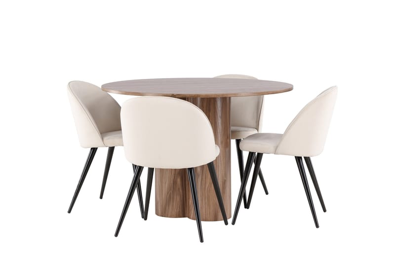 Ruokailuryhmä Venture Home Olivia-ruokailuryhmä 110 cm, pyöreä, 4 Velvet-tuolia Mokka/Beige/Musta - Huonekalut - Pöytä & ruokailuryhmä - Ruokailuryhmä