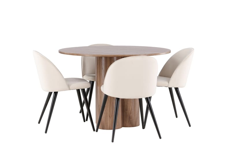 Ruokailuryhmä Venture Home Olivia-ruokailuryhmä 110 cm, pyöreä, 4 Velvet-tuolia Mokka/Beige/Musta - Huonekalut - Pöytä & ruokailuryhmä - Ruokailuryhmä