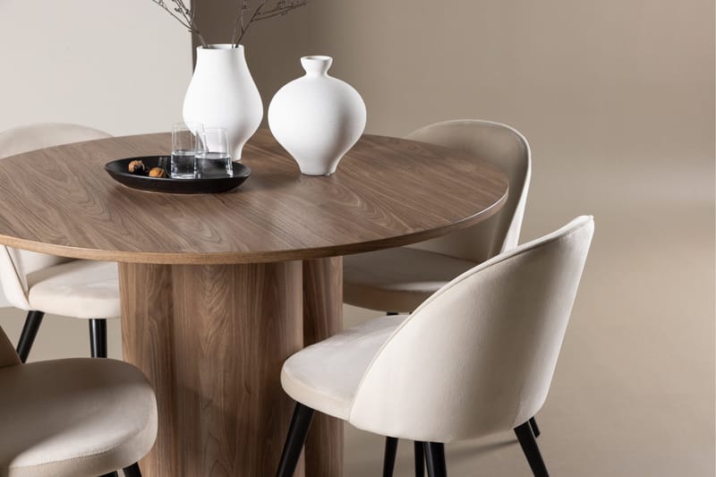 Ruokailuryhmä Venture Home Olivia-ruokailuryhmä 110 cm, pyöreä, 4 Velvet-tuolia Mokka/Beige/Musta - Huonekalut - Pöytä & ruokailuryhmä - Ruokailuryhmä