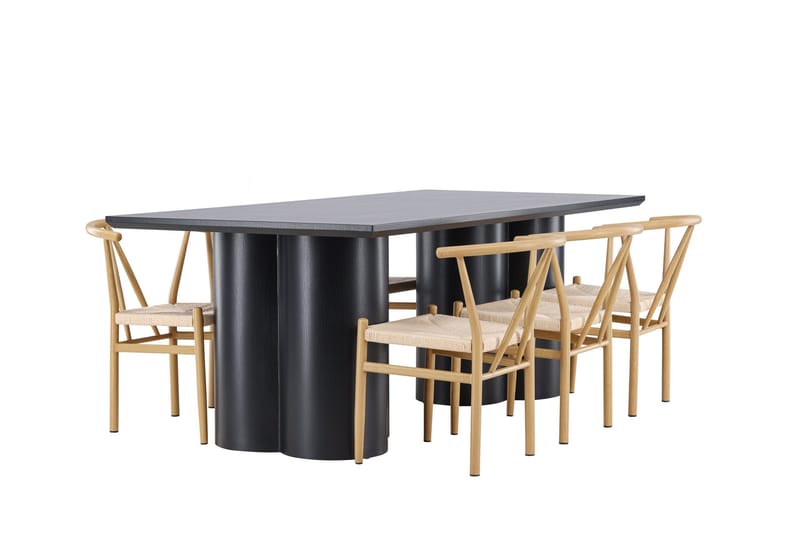 Ruokailuryhmä Venture Home Olivia-ruokailuryhmä 210 cm, suorakulmainen, 6 Alfons-tuolia Musta/Beige/Ruskea - Huonekalut - Pöytä & ruokailuryhmä - Ruokailuryhmä