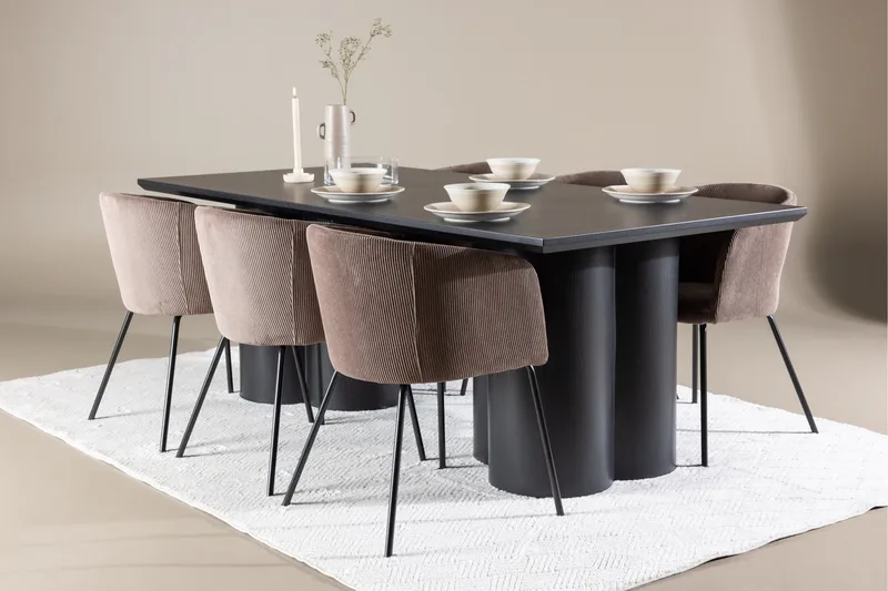 Ruokailuryhmä Venture Home Olivia-ruokailuryhmä 210 cm, suorakulmainen, 6 Berit-tuolia Musta/Ruskea/Musta - Huonekalut - Pöytä & ruokailuryhmä - Ruokailuryhmä
