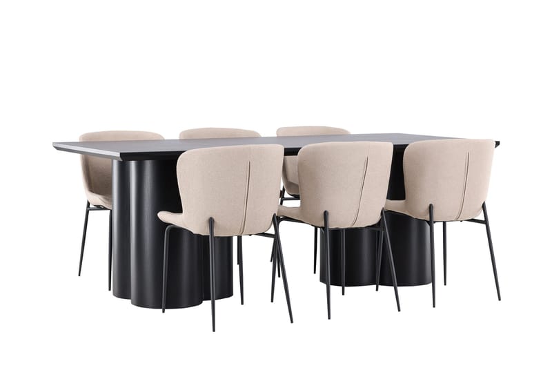 Ruokailuryhmä Venture Home Olivia-ruokailuryhmä 210 cm, suorakulmainen, 6 Modesto-tuolia Musta/Beige/Musta - Huonekalut - Pöytä & ruokailuryhmä - Ruokailuryhmä