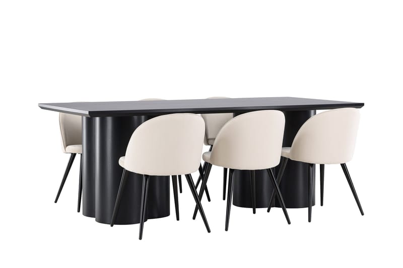 Ruokailuryhmä Venture Home Olivia-ruokailuryhmä 210 cm, suorakulmainen, 6 Velvet-tuolia Musta/Beige/Musta - Huonekalut - Pöytä & ruokailuryhmä - Ruokailuryhmä