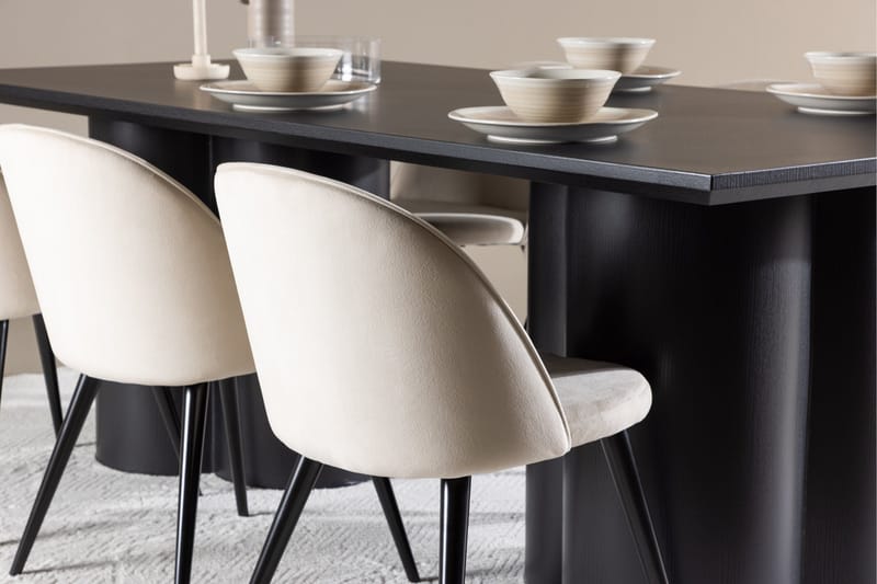 Ruokailuryhmä Venture Home Olivia-ruokailuryhmä 210 cm, suorakulmainen, 6 Velvet-tuolia Musta/Beige/Musta - Huonekalut - Pöytä & ruokailuryhmä - Ruokailuryhmä