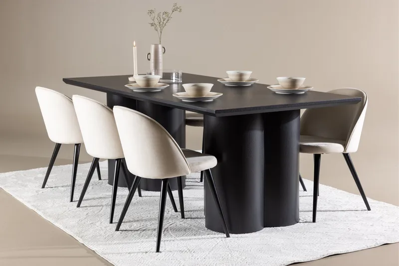 Ruokailuryhmä Venture Home Olivia-ruokailuryhmä 210 cm, suorakulmainen, 6 Velvet-tuolia Musta/Beige/Musta - Huonekalut - Pöytä & ruokailuryhmä - Ruokailuryhmä