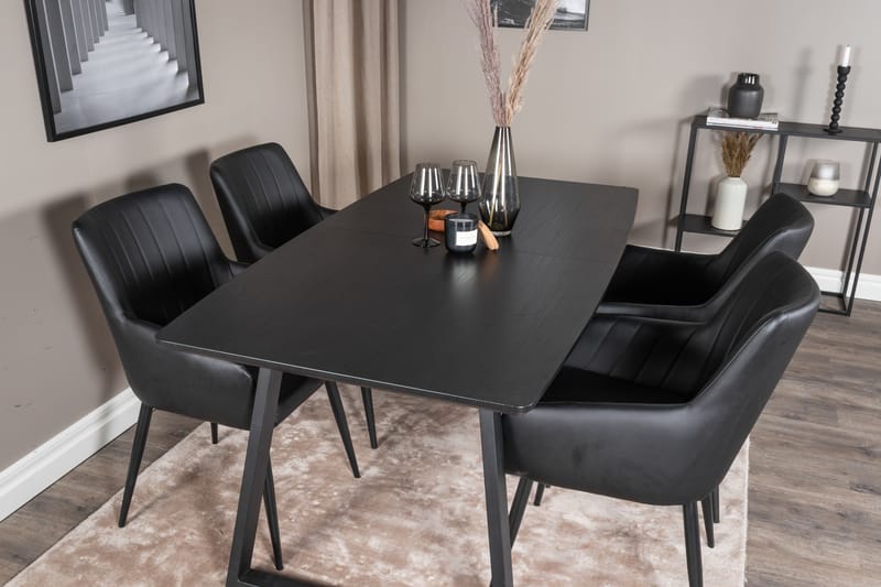 Ruokailuryhmä Venture Home Zarzosa-jatkettava ruokailuryhmä 160 cm, suorakulmainen, 4 Caspien-tuolilla Musta - Huonekalut - Pöytä & ruokailuryhmä - Ruokailuryhmä