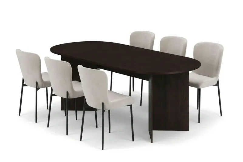 Vera-ruokailuryhmä, suorakulmainen 220 cm, savutammi, 6 Elsie-ruokatuolilla, Savustettu tammi/Beige