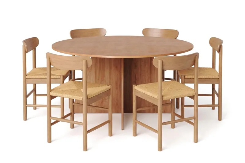 Vera-ruokailuryhmä, pyöreä 150 cm, tammi, 6 Malte-ruokatuolia, Tammi
