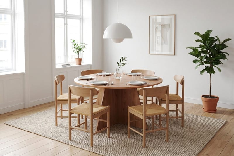 Vera-ruokailuryhmä, pyöreä 150 cm, tammi, 6 Malte-ruokatuolia - Tammi - Huonekalut - Pöytä & ruokailuryhmä - Ruokailuryhmä