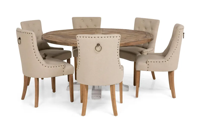 Ruokailuryhm ä Yorkshire 150 cm Pyöreä 6 Ophelia tuolia - Vintage Luonnonväri/Valk/Beige - Huonekalut - Pöytä & ruokailuryhmä - Ruokailuryhmä
