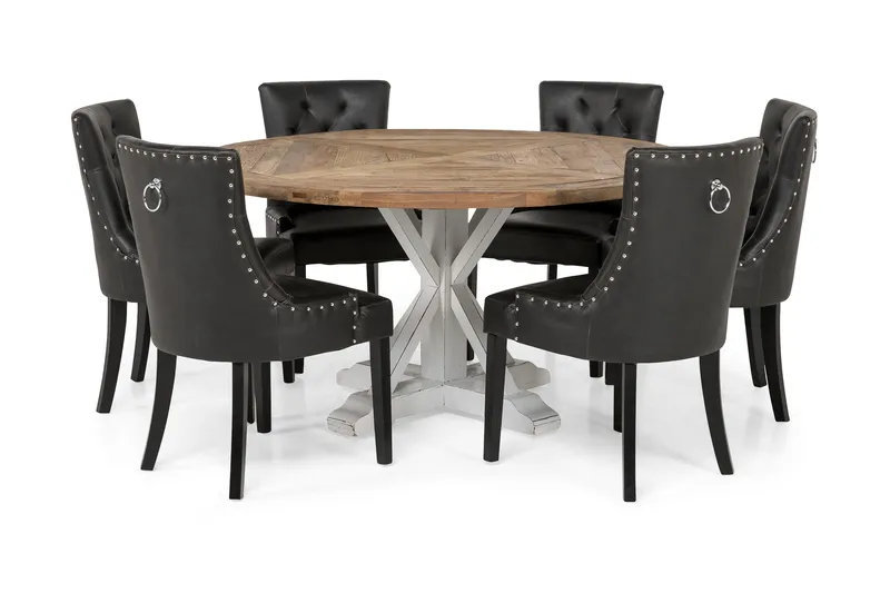 Ruokailuryhmä Yorkshire 150 cm Pyöreä 6 Hermione tuolia, Vintage Jalava/Valk/Musta PU
