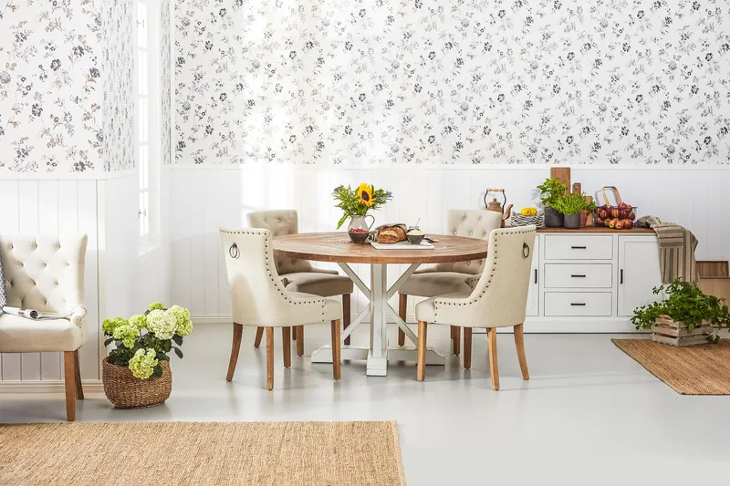 Ruokailuryhmä Yorkshire 150 cm Pyöreä 4 Ophelia tuolia - Vintage Luonnonväri/Valk/Beige - Huonekalut - Pöytä & ruokailuryhmä - Ruokailuryhmä