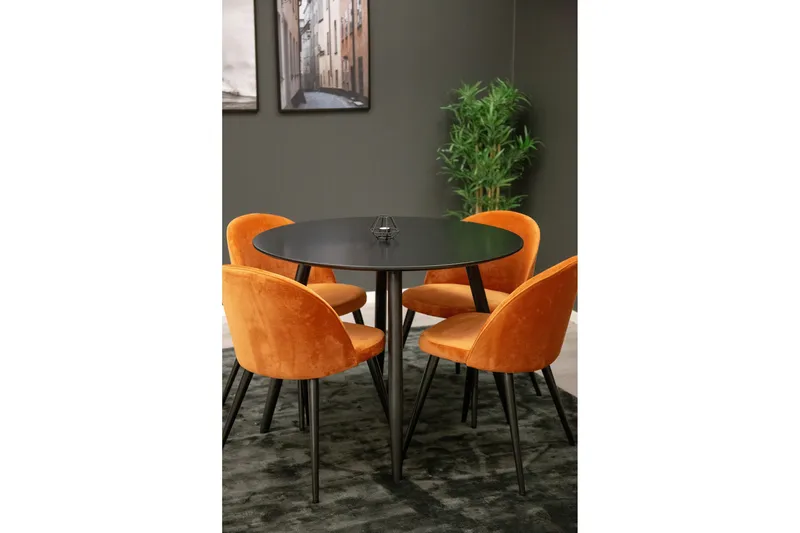 Ruokailuryhmä Plaza 100 cm Pyöreä 4 Velvet Tuolia, Musta
