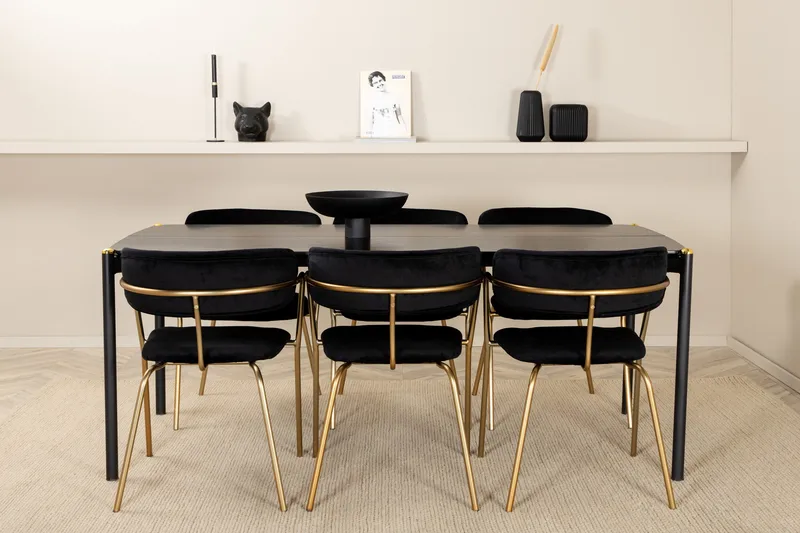 Ruokailuryhmä Pelle 190 cm Suorakulmainen 6 Arrow Tuolia, Musta/Kulta