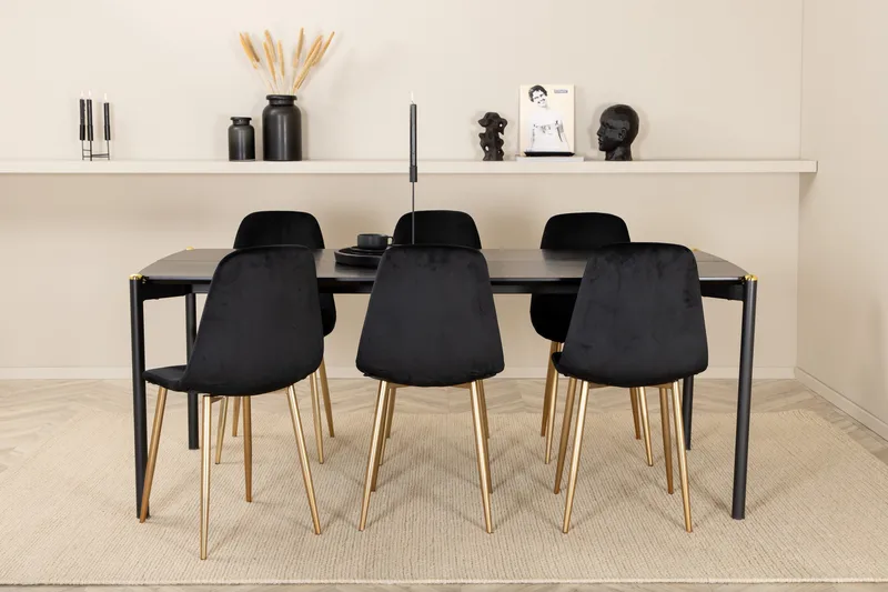 Ruokailuryhmä Pelle 190 cm Suorakulmainen 6 Polar Tuolia, Musta/Kulta