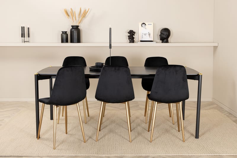 Ruokailuryhmä Pelle 190 cm Suorakulmainen 6 Polar Tuolia, Musta/Kulta