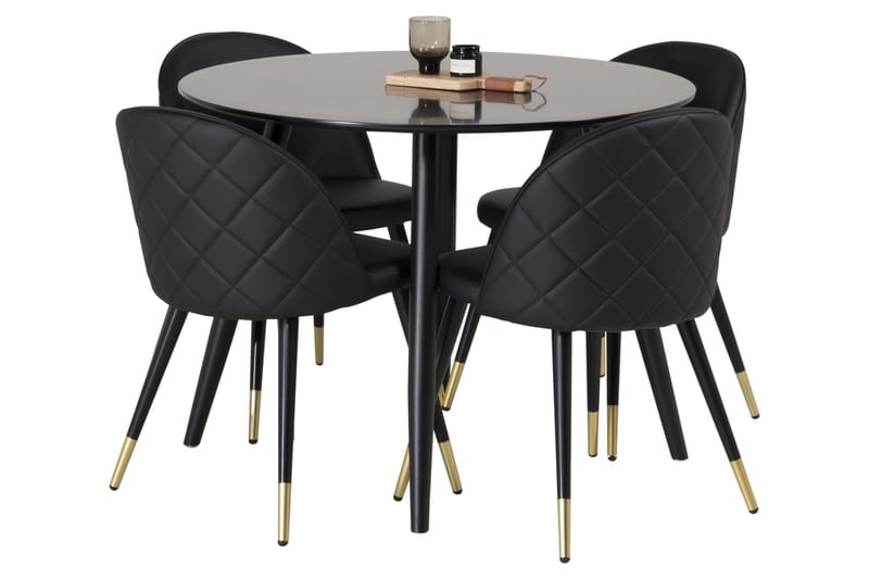 Ruokailuryhmä Plaza 100 cm Pyöreä 4 Velvet Tuolia, Musta/Kulta